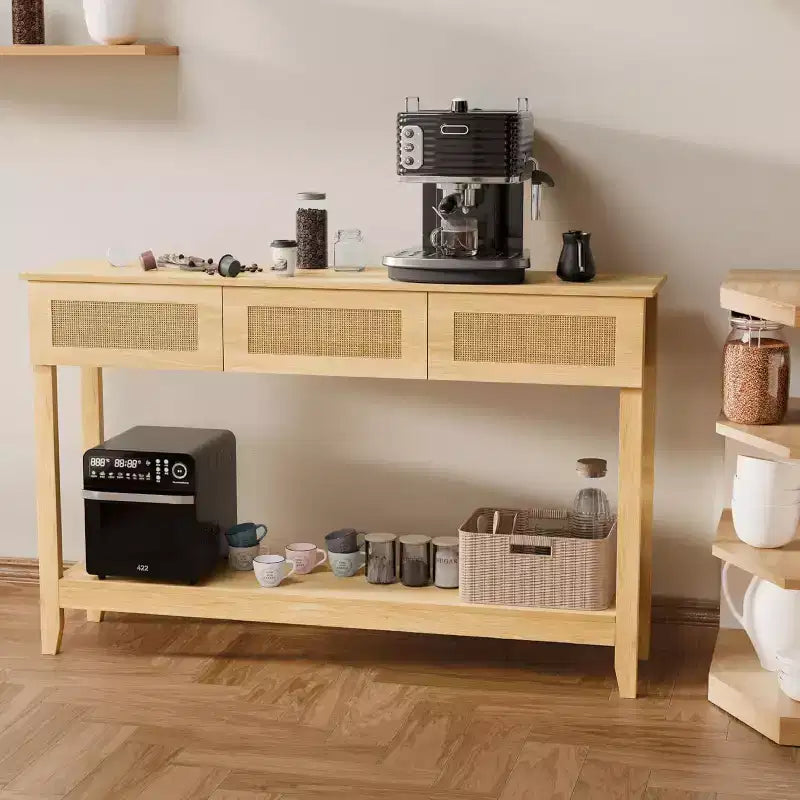 VINGLI Mesa consola de 51 pulgadas con cajones, mesa de entrada de ratán con estante de almacenamiento, mesa de sofá estrecha bohemia para sala de estar, ratán natural