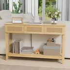 VINGLI Mesa consola de 51 pulgadas con cajones, mesa de entrada de ratán con estante de almacenamiento, mesa de sofá estrecha bohemia para sala de estar, ratán natural