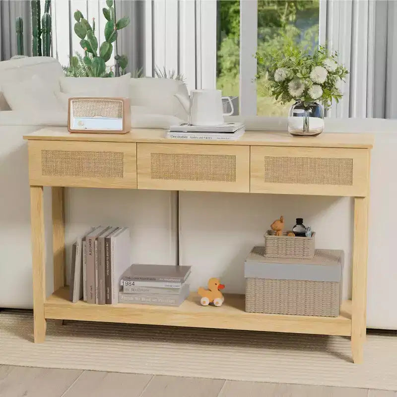 VINGLI Mesa consola de 51 pulgadas con cajones, mesa de entrada de ratán con estante de almacenamiento, mesa de sofá estrecha bohemia para sala de estar, ratán natural