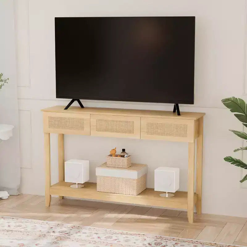 VINGLI Mesa consola de 51 pulgadas con cajones, mesa de entrada de ratán con estante de almacenamiento, mesa de sofá estrecha bohemia para sala de estar, ratán natural