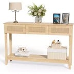 VINGLI Mesa consola de 51 pulgadas con cajones, mesa de entrada de ratán con estante de almacenamiento, mesa de sofá estrecha bohemia para sala de estar, ratán natural