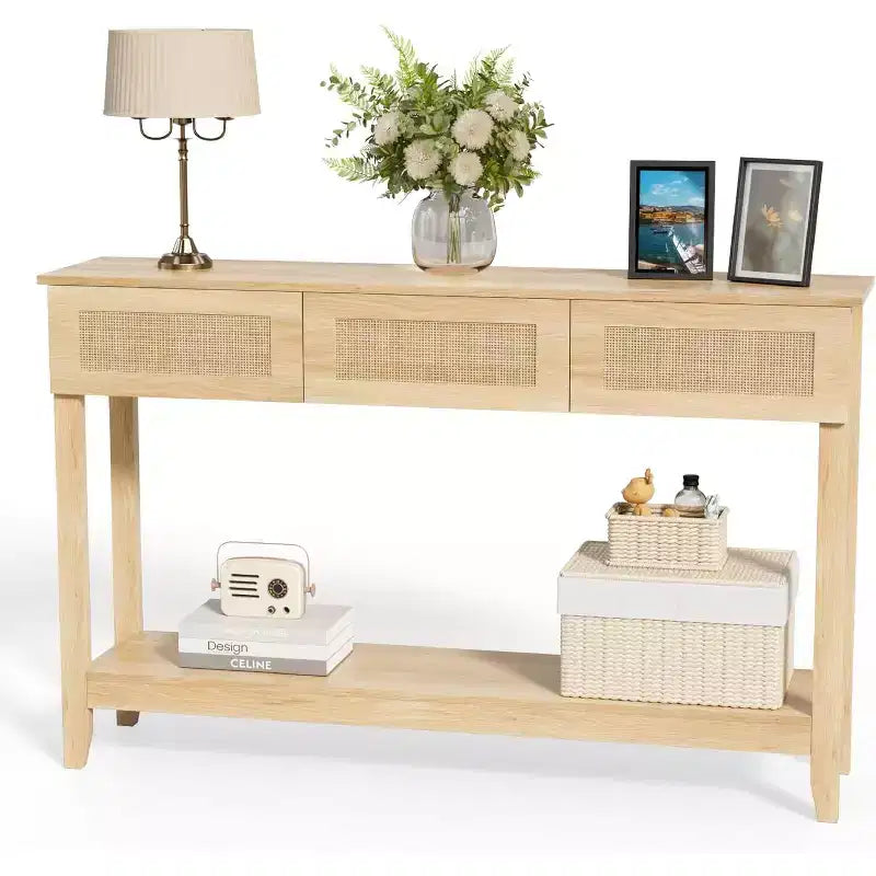 VINGLI Mesa consola de 51 pulgadas con cajones, mesa de entrada de ratán con estante de almacenamiento, mesa de sofá estrecha bohemia para sala de estar, ratán natural