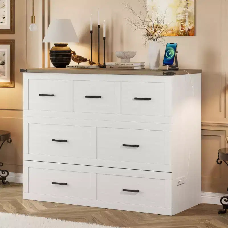 Cama Murphy ModernLuxe de tamaño matrimonial/queen, plegable, que ahorra espacio, con estación de carga y cajón de almacenamiento, blanco/gris