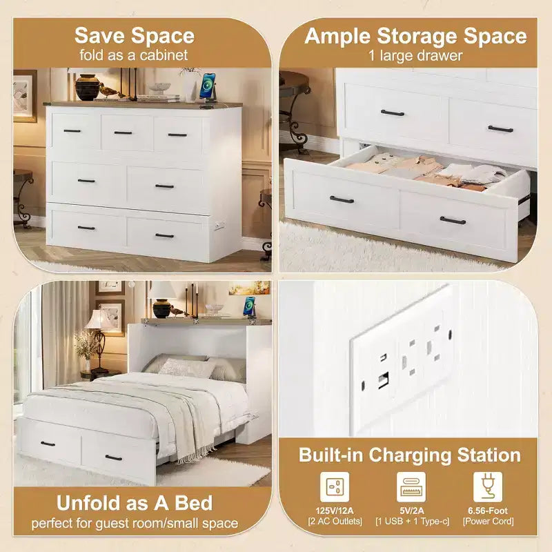 Cama Murphy ModernLuxe de tamaño matrimonial/queen, plegable, que ahorra espacio, con estación de carga y cajón de almacenamiento, blanco/gris