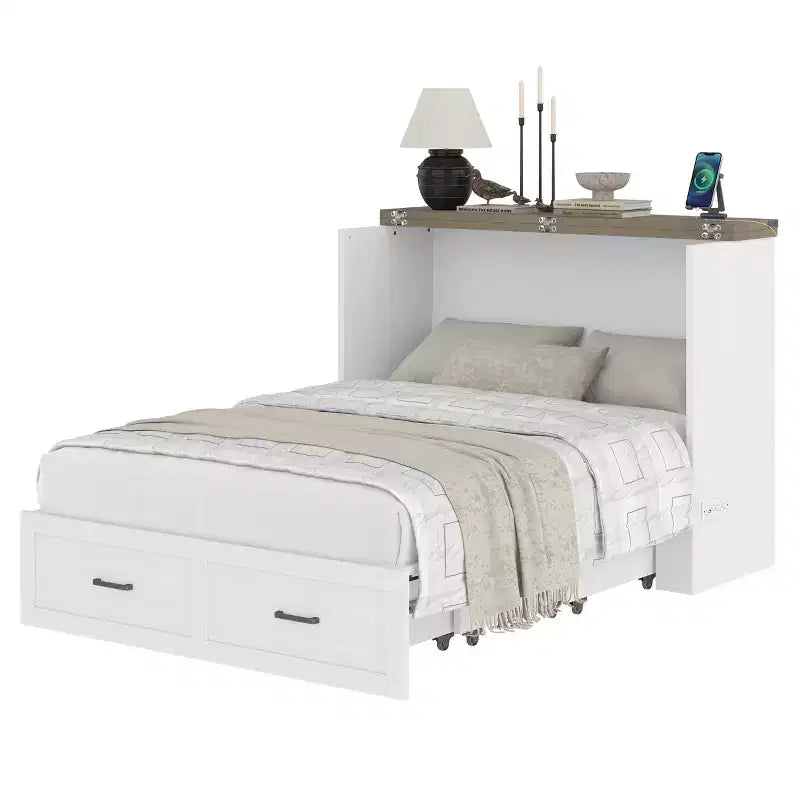 Cama Murphy ModernLuxe de tamaño matrimonial/queen, plegable, que ahorra espacio, con estación de carga y cajón de almacenamiento, blanco/gris