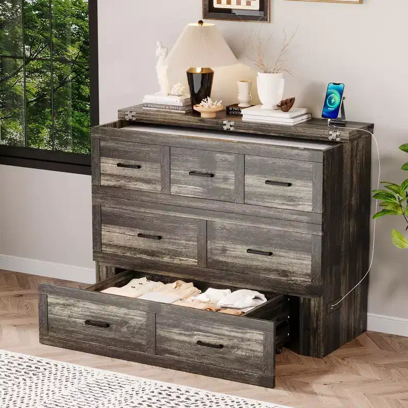 Cama Murphy ModernLuxe de tamaño matrimonial/queen, plegable, que ahorra espacio, con estación de carga y cajón de almacenamiento, blanco/gris