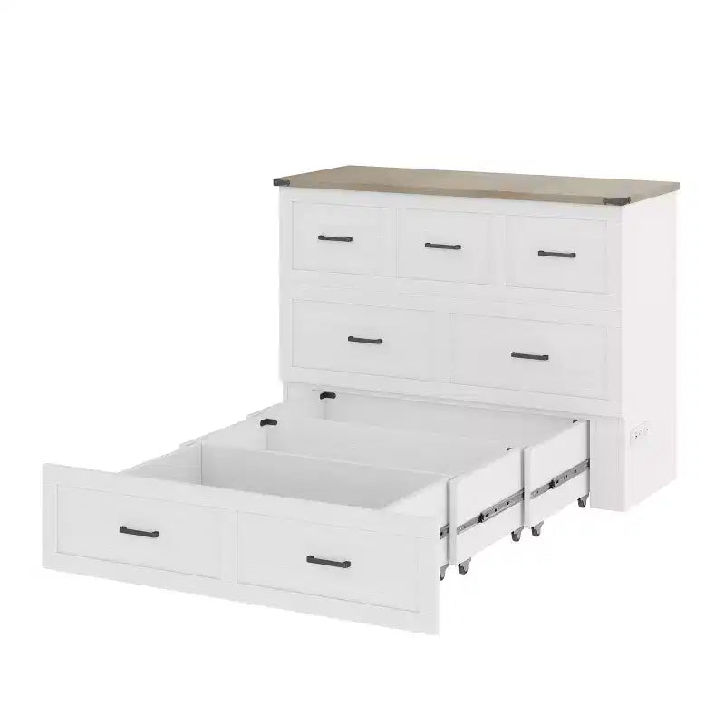 Cama Murphy ModernLuxe de tamaño matrimonial/queen, plegable, que ahorra espacio, con estación de carga y cajón de almacenamiento, blanco/gris