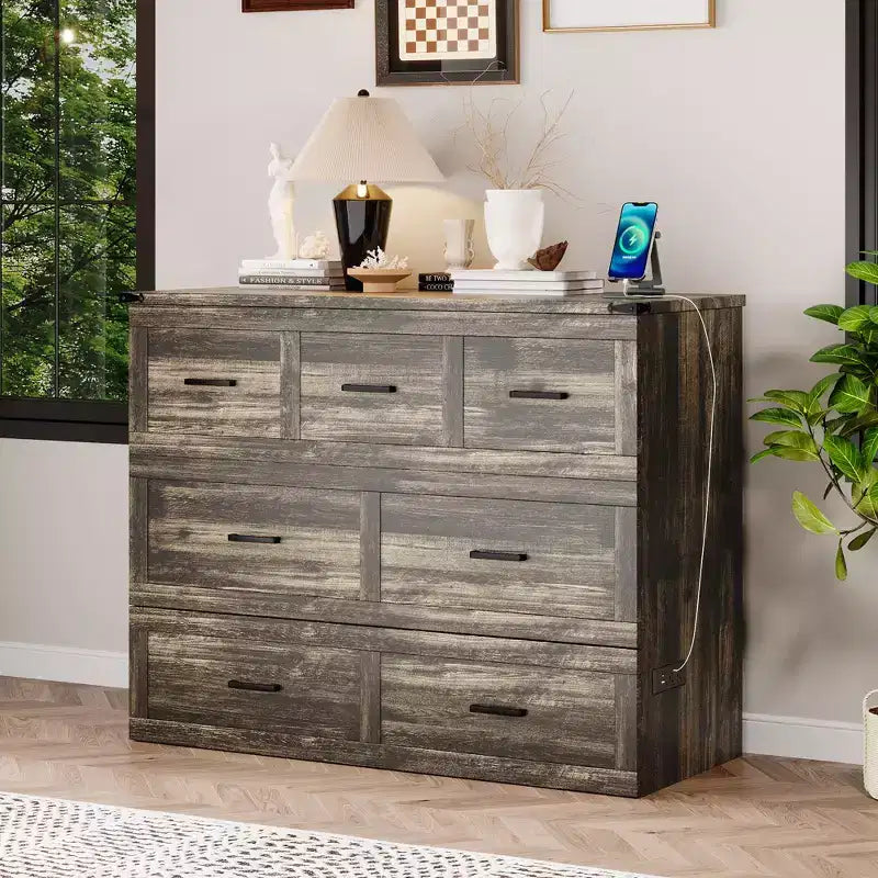 Cama Murphy ModernLuxe de tamaño matrimonial/queen, plegable, que ahorra espacio, con estación de carga y cajón de almacenamiento, blanco/gris
