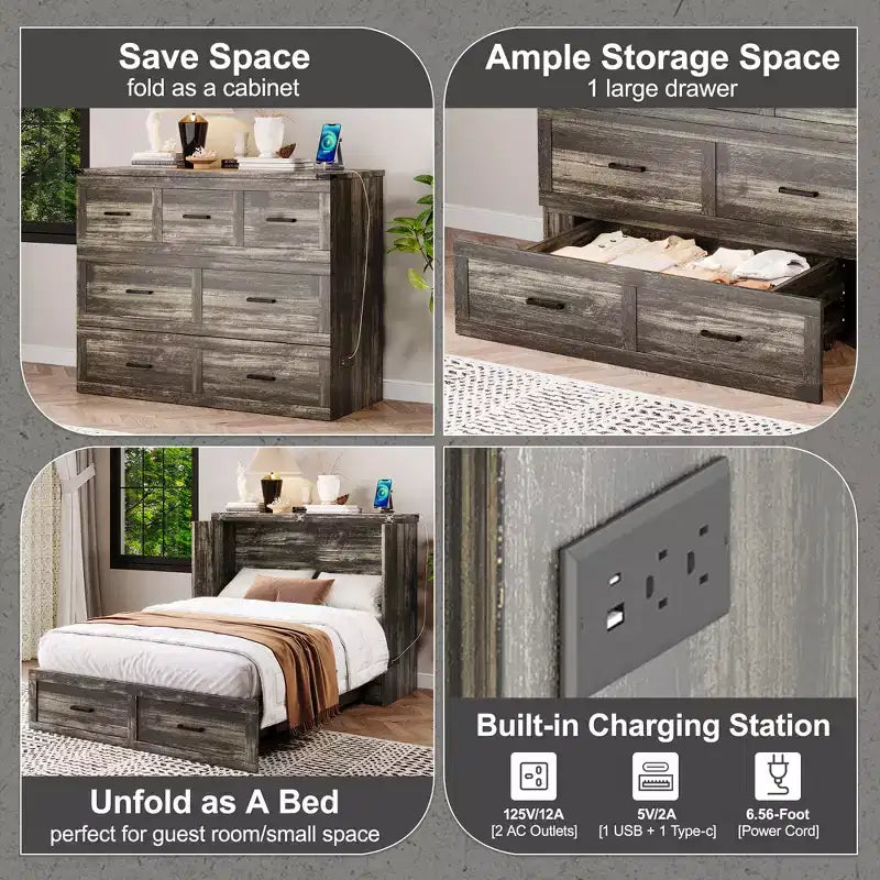 Cama Murphy ModernLuxe de tamaño matrimonial/queen, plegable, que ahorra espacio, con estación de carga y cajón de almacenamiento, blanco/gris