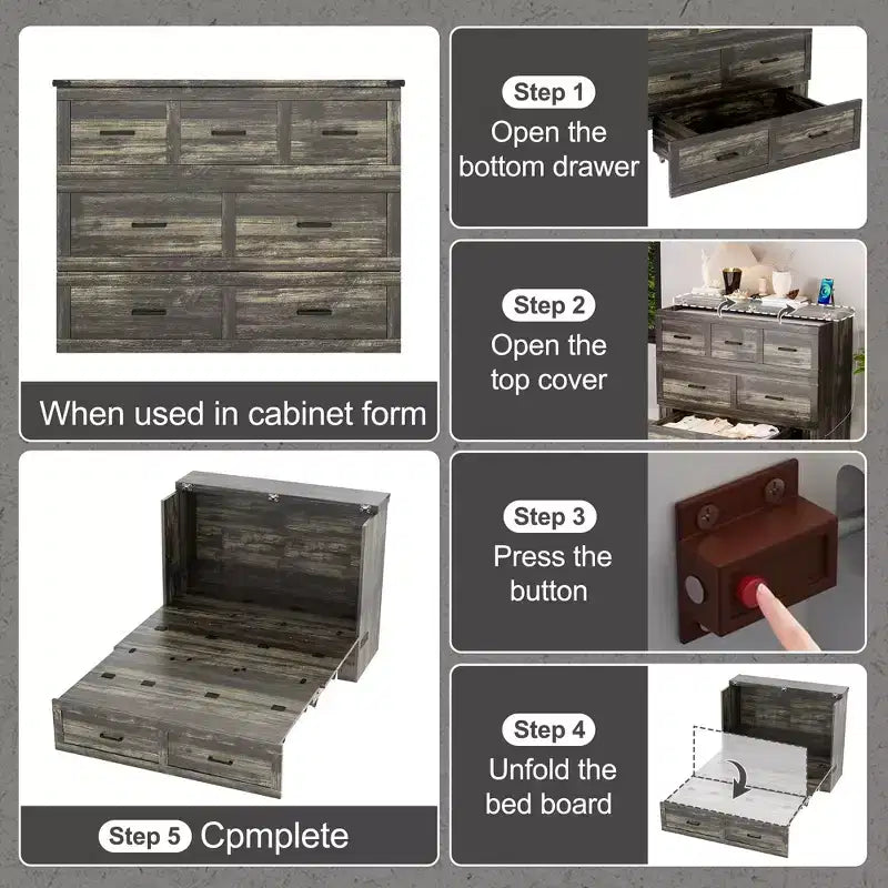 Cama Murphy ModernLuxe de tamaño matrimonial/queen, plegable, que ahorra espacio, con estación de carga y cajón de almacenamiento, blanco/gris