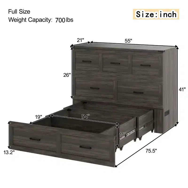 Cama Murphy ModernLuxe de tamaño matrimonial/queen, plegable, que ahorra espacio, con estación de carga y cajón de almacenamiento, blanco/gris