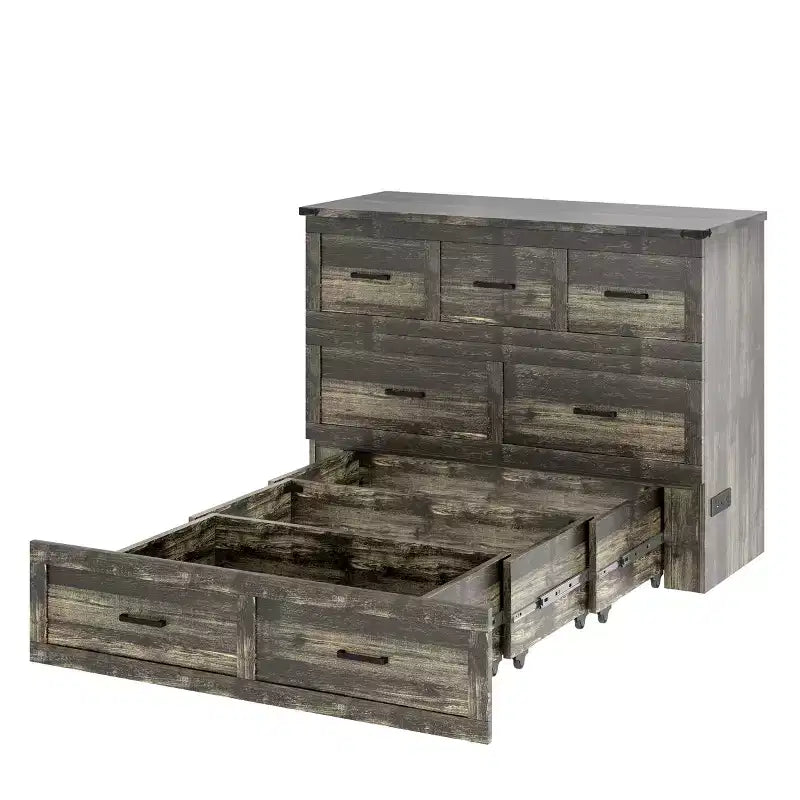 Cama Murphy ModernLuxe de tamaño matrimonial/queen, plegable, que ahorra espacio, con estación de carga y cajón de almacenamiento, blanco/gris