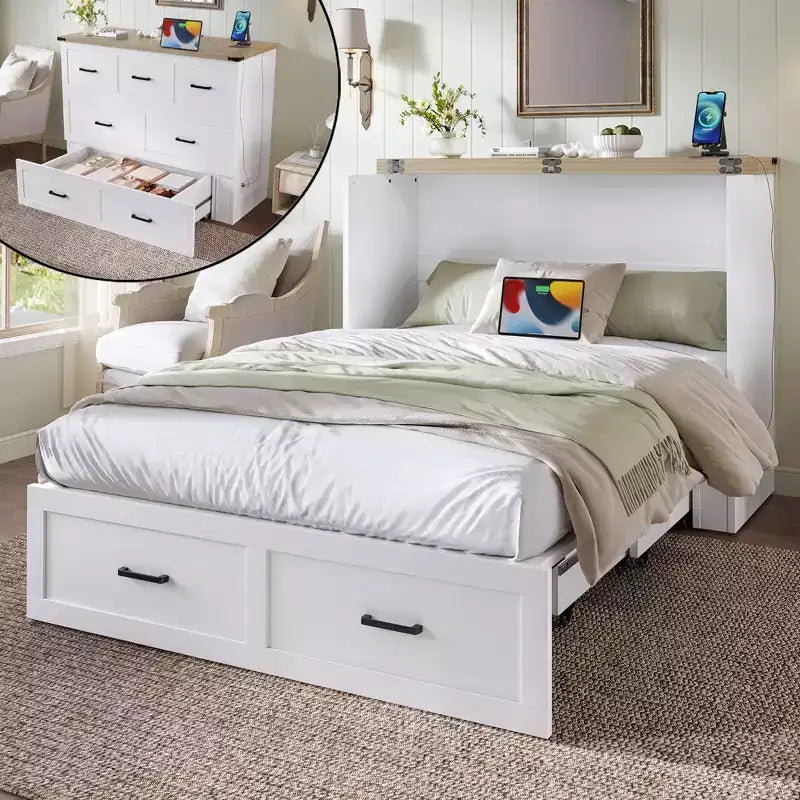 Cama Murphy ModernLuxe de tamaño matrimonial/queen, plegable, que ahorra espacio, con estación de carga y cajón de almacenamiento, blanco/gris