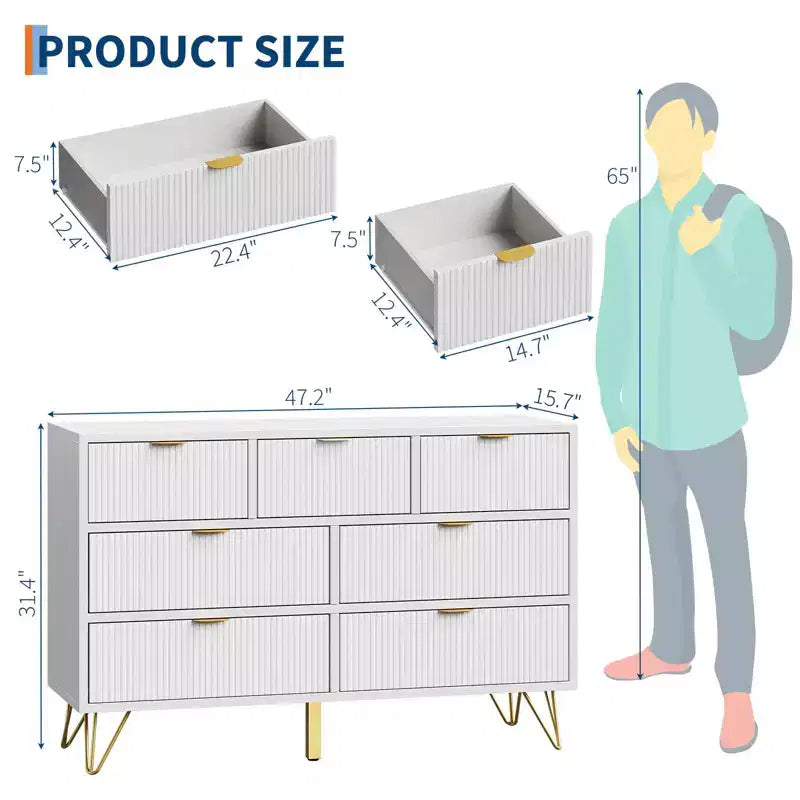 Cómoda de 7 cajones para dormitorio, cómoda de 120 cm de ancho con patas de metal, cómoda con mueble para TV, mueble de almacenamiento para recibidor