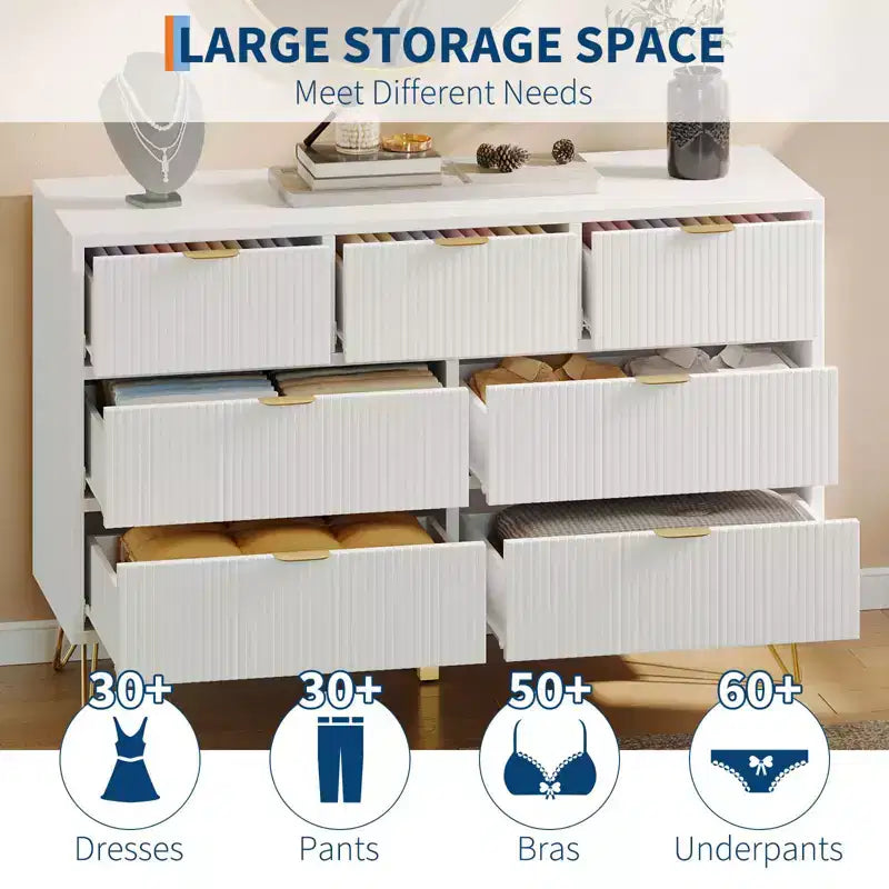 Cómoda de 7 cajones para dormitorio, cómoda de 120 cm de ancho con patas de metal, cómoda con mueble para TV, mueble de almacenamiento para recibidor