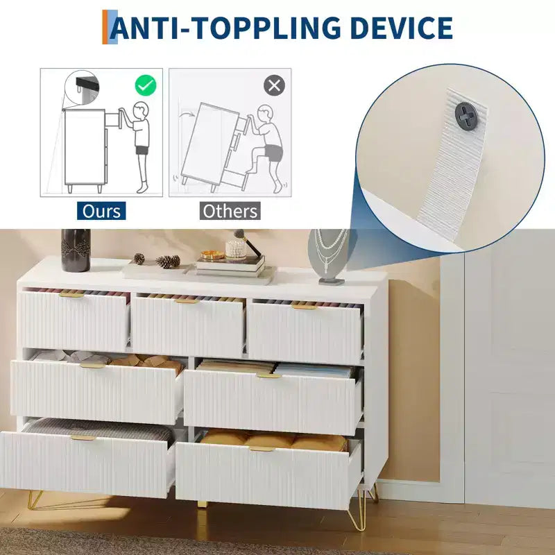 Cómoda de 7 cajones para dormitorio, cómoda de 120 cm de ancho con patas de metal, cómoda con mueble para TV, mueble de almacenamiento para recibidor
