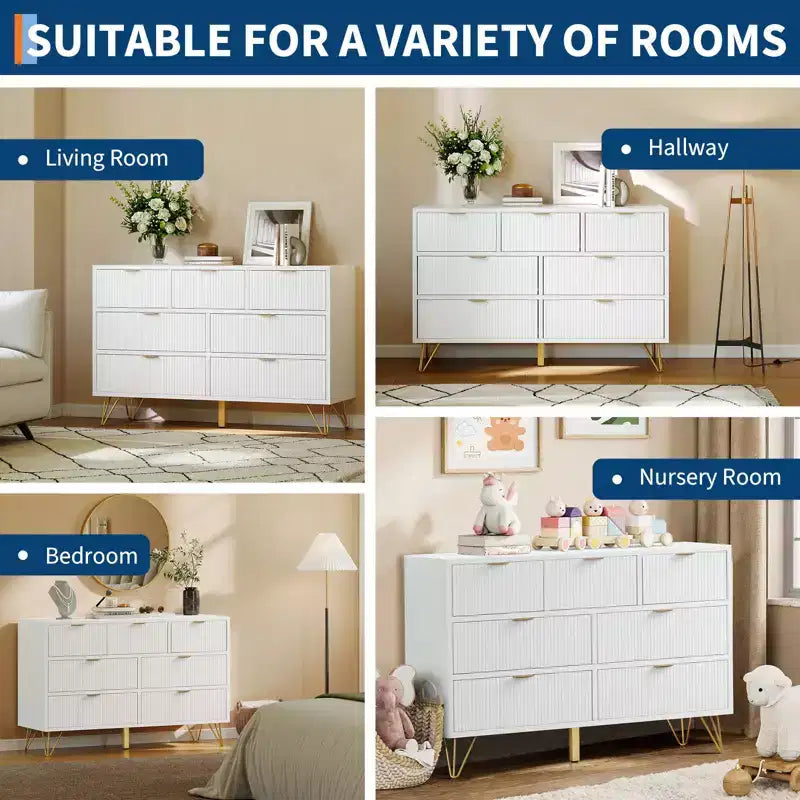 Cómoda de 7 cajones para dormitorio, cómoda de 120 cm de ancho con patas de metal, cómoda con mueble para TV, mueble de almacenamiento para recibidor