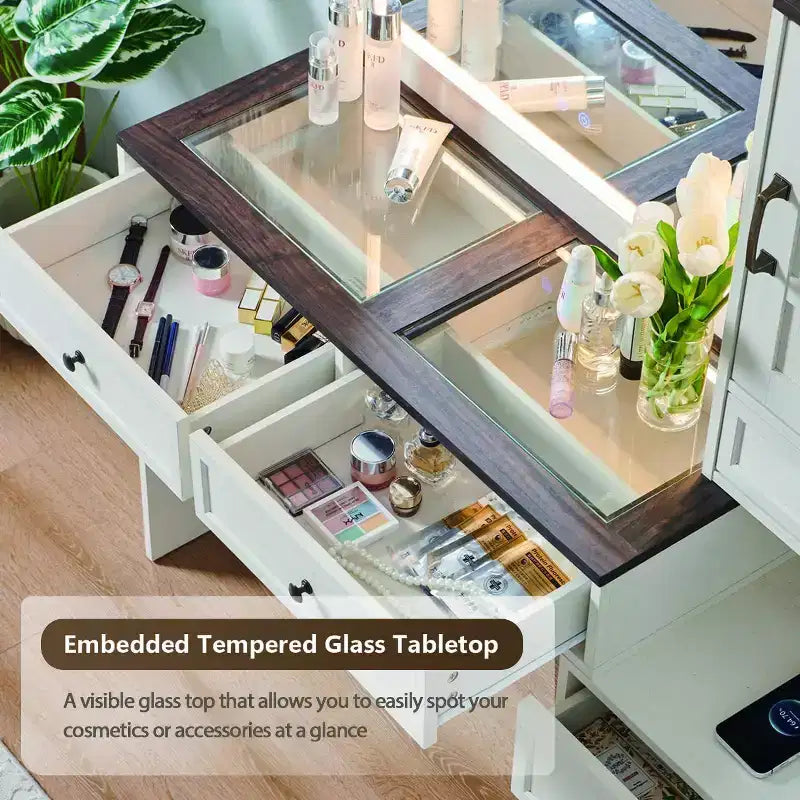 Tocador de granja Mastgoal con espejo LED de pantalla táctil, tocador grande de 47 pulgadas, 6 cajones, cubierta de cristal, estación de carga, mesa de tocador de madera rústica