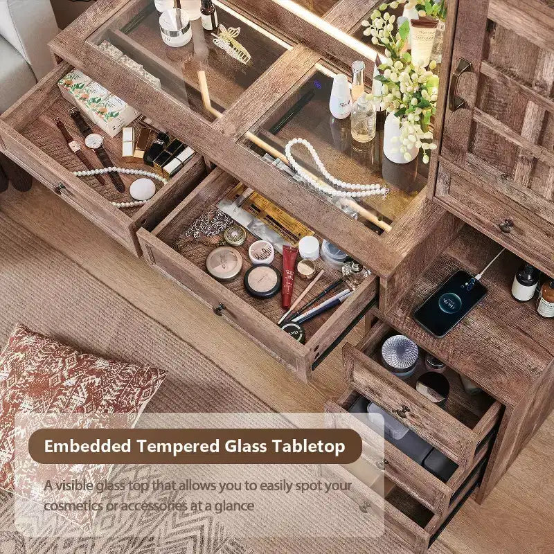 Tocador de granja Mastgoal con espejo LED de pantalla táctil, tocador grande de 47 pulgadas, 6 cajones, cubierta de cristal, estación de carga, mesa de tocador de madera rústica