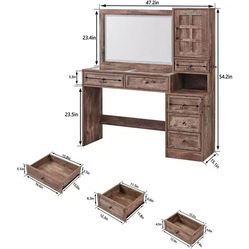 Tocador de granja Mastgoal con espejo LED de pantalla táctil, tocador grande de 47 pulgadas, 6 cajones, cubierta de cristal, estación de carga, mesa de tocador de madera rústica