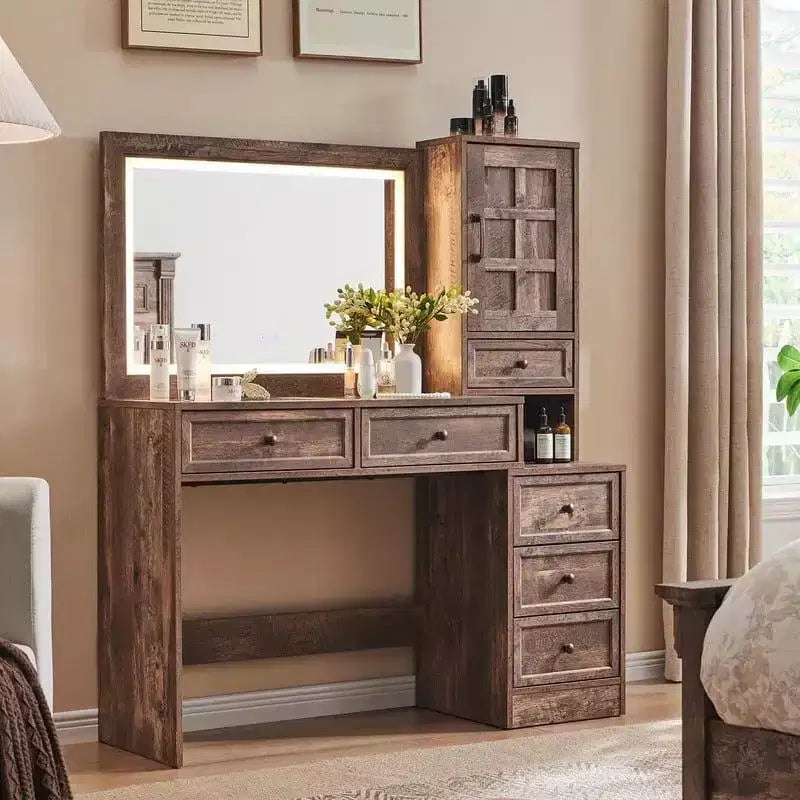 Mastgoal Farmhouse Vanity Desk with Touch Screen LED Mirror, 47 Big Make Up Table, 6 Drawers, Glass Top, Charging Station, Rustic Wood Dressing Table