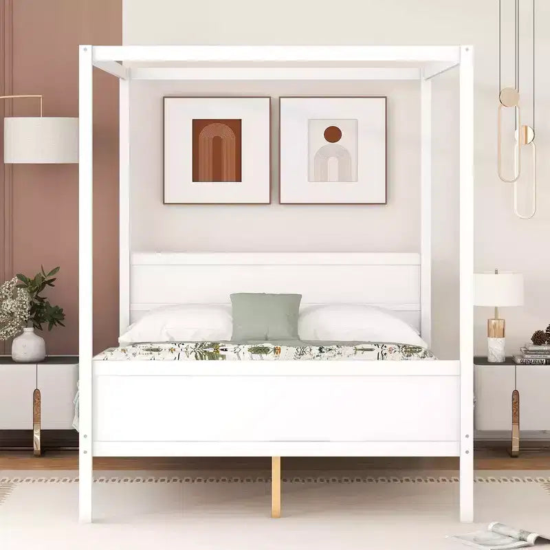 Cama con dosel Queen Whisen con cabecera y pie de cama, almacenamiento debajo de la cama y diseño versátil