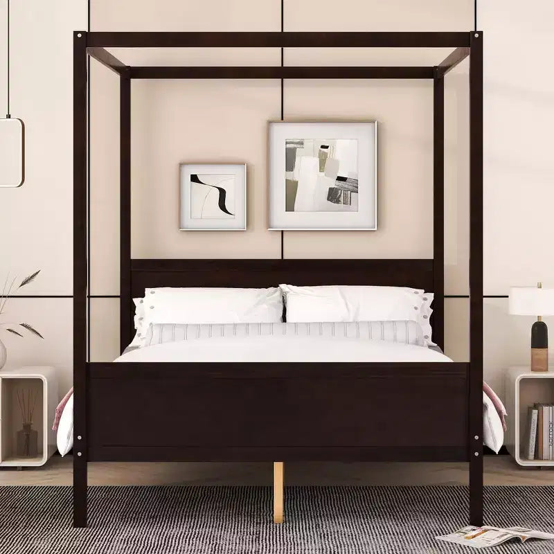 Cama con dosel Queen Whisen con cabecera y pie de cama, almacenamiento debajo de la cama y diseño versátil