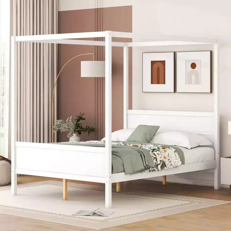 Cama con dosel Queen Whisen con cabecera y pie de cama, almacenamiento debajo de la cama y diseño versátil