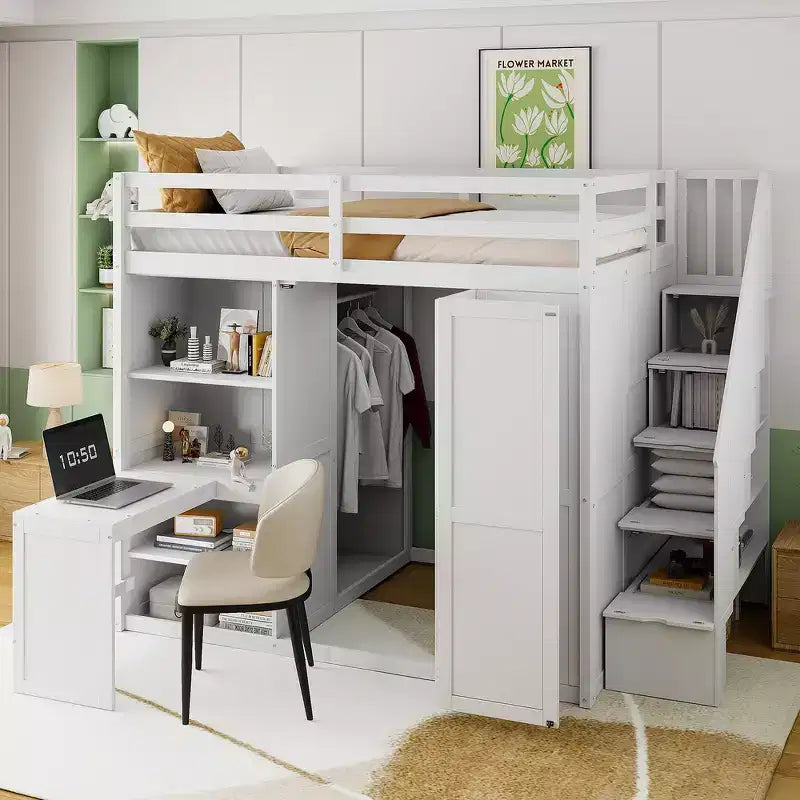 Cama alta tamaño completo Whisen, armarios, estantes plegables y escritorios para una vida organizada