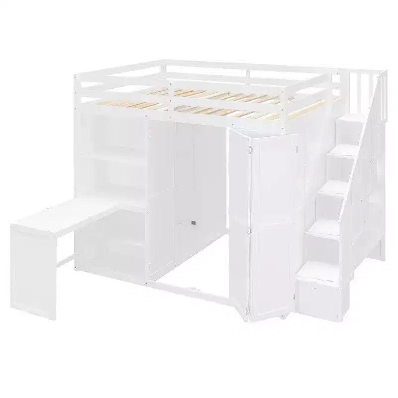 Cama alta tamaño completo Whisen, armarios, estantes plegables y escritorios para una vida organizada