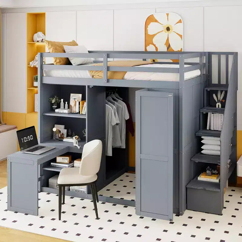 Cama alta tamaño completo Whisen, armarios, estantes plegables y escritorios para una vida organizada