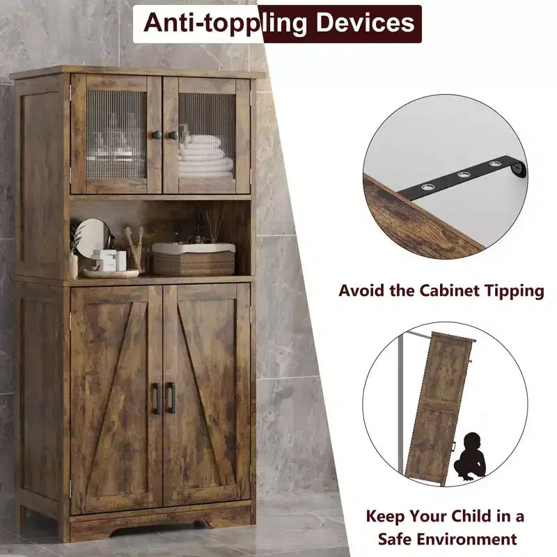 67 H Tall Bathroom Storage Cabinet Freestanding Bathroom Storage Cabinet with 4 Doors and Adjustable Shelves