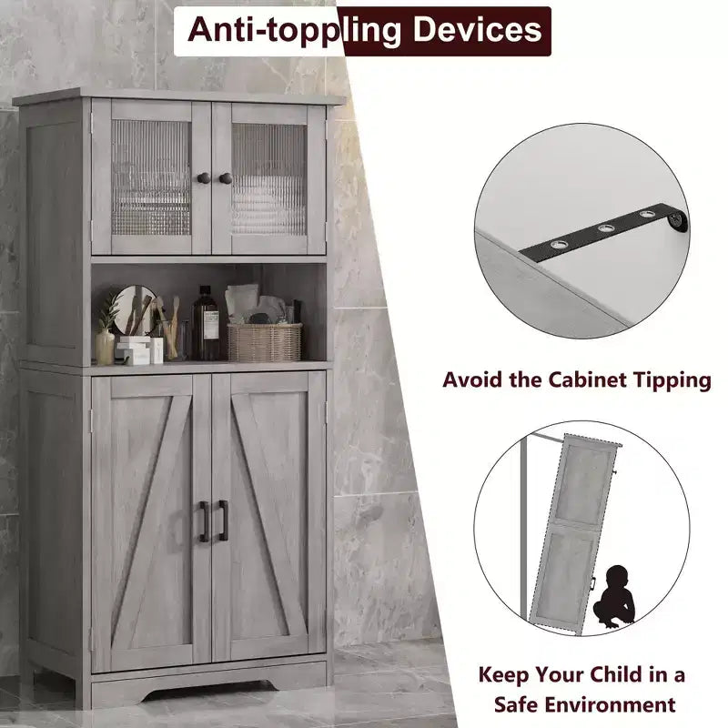67 H Tall Bathroom Storage Cabinet Freestanding Bathroom Storage Cabinet with 4 Doors and Adjustable Shelves