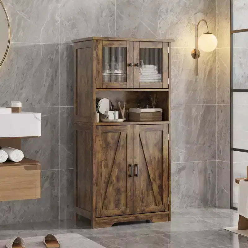 67 H Tall Bathroom Storage Cabinet Freestanding Bathroom Storage Cabinet with 4 Doors and Adjustable Shelves