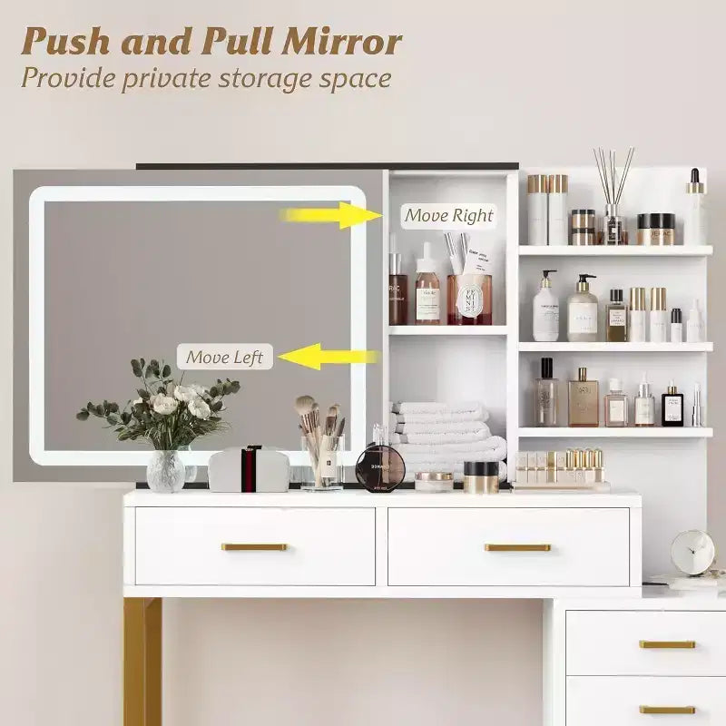 Tocador de maquillaje con espejo y luces, tocador con espejo deslizante iluminado, 3 modos de iluminación, 5 cajones grandes y 3 niveles, para dormitorio, blanco