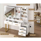 Tocador de maquillaje con espejo y luces, tocador con espejo deslizante iluminado, 3 modos de iluminación, 5 cajones grandes y 3 niveles, para dormitorio, blanco