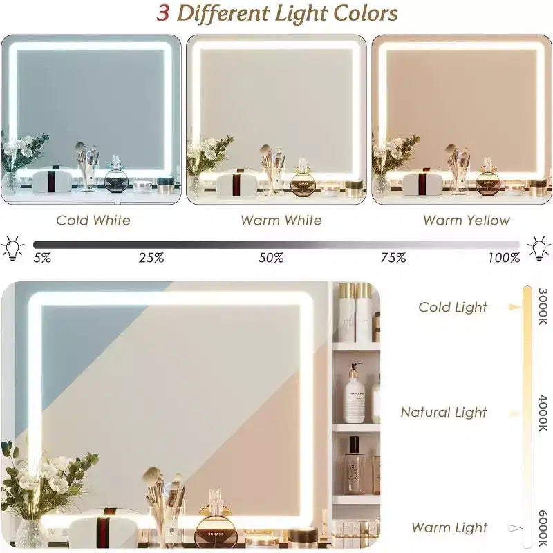 Tocador de maquillaje con espejo y luces, tocador con espejo deslizante iluminado, 3 modos de iluminación, 5 cajones grandes y 3 niveles, para dormitorio, blanco