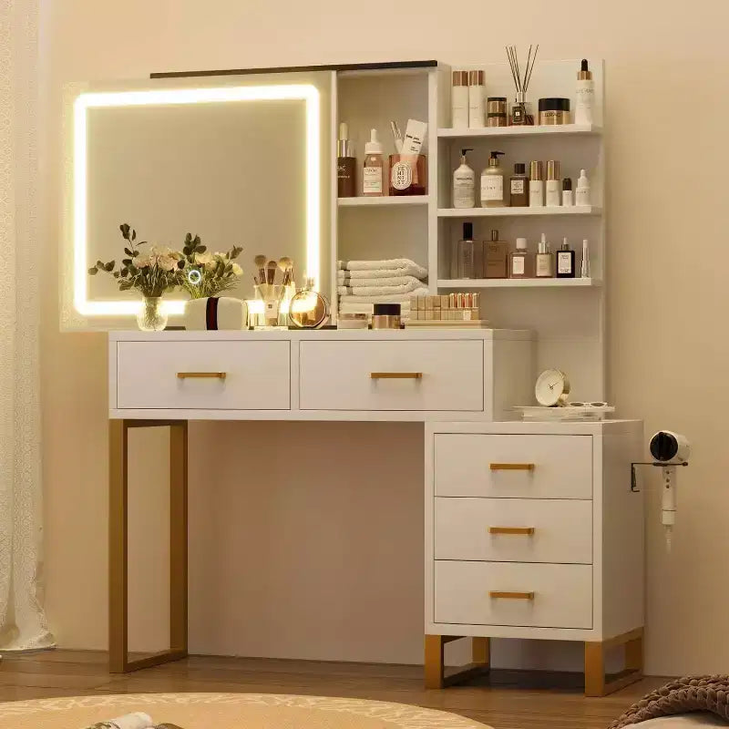 Tocador de maquillaje con espejo y luces, tocador con espejo deslizante iluminado, 3 modos de iluminación, 5 cajones grandes y 3 niveles, para dormitorio, blanco