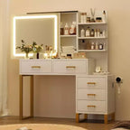 Tocador de maquillaje con espejo y luces, tocador con espejo deslizante iluminado, 3 modos de iluminación, 5 cajones grandes y 3 niveles, para dormitorio, blanco