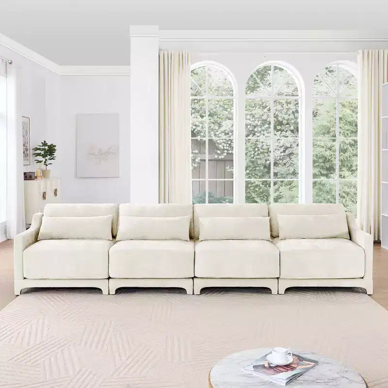 Sofá beige de chenilla con estructura de madera maciza de 4 plazas con almohada lumbar, esponja de alta resiliencia y fácil instalación
