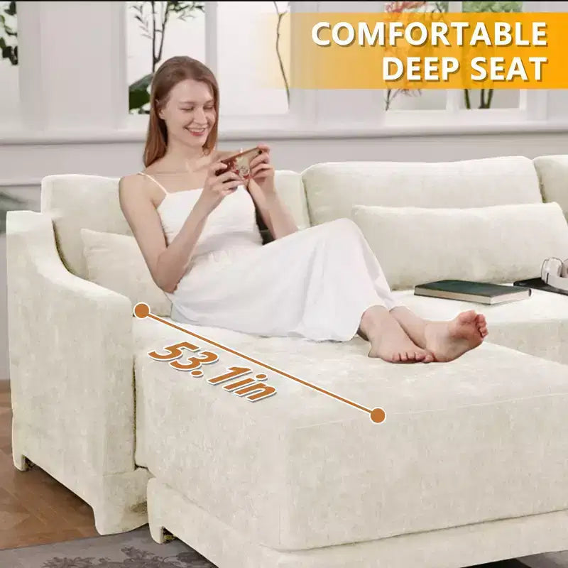 Sofá beige de chenilla con estructura de madera maciza de 4 plazas con almohada lumbar, esponja de alta resiliencia y fácil instalación