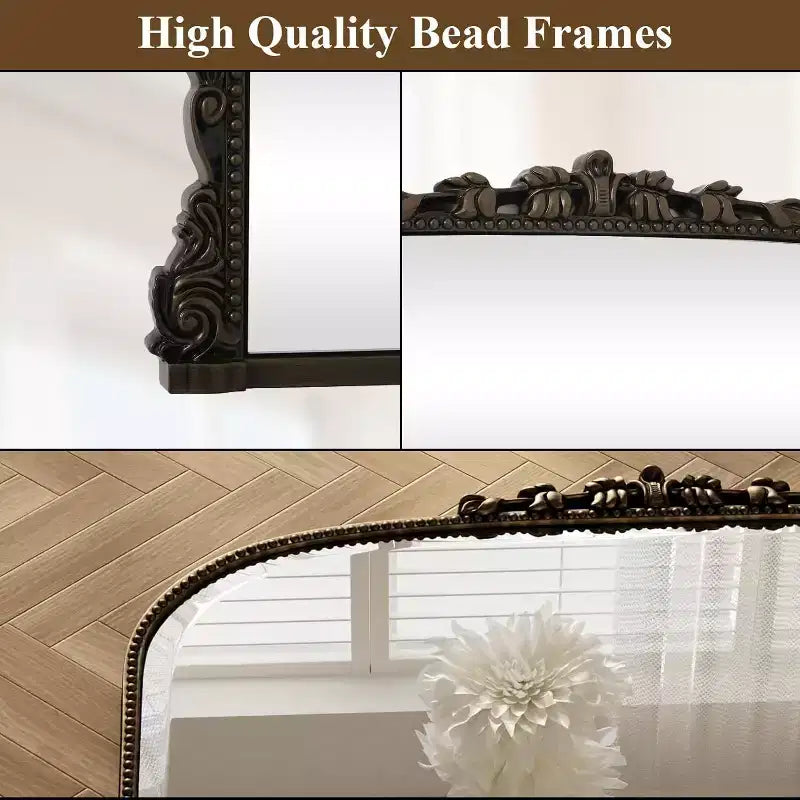 Espejo de pared de 40x28, espejo arqueado con cuentas y marco de metal, espejo decorativo para tocador de baño para entrada, dormitorio o sala de estar
