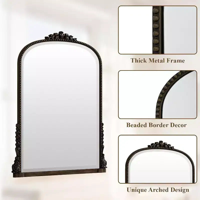Espejo de pared de 40x28, espejo arqueado con cuentas y marco de metal, espejo decorativo para tocador de baño para entrada, dormitorio o sala de estar