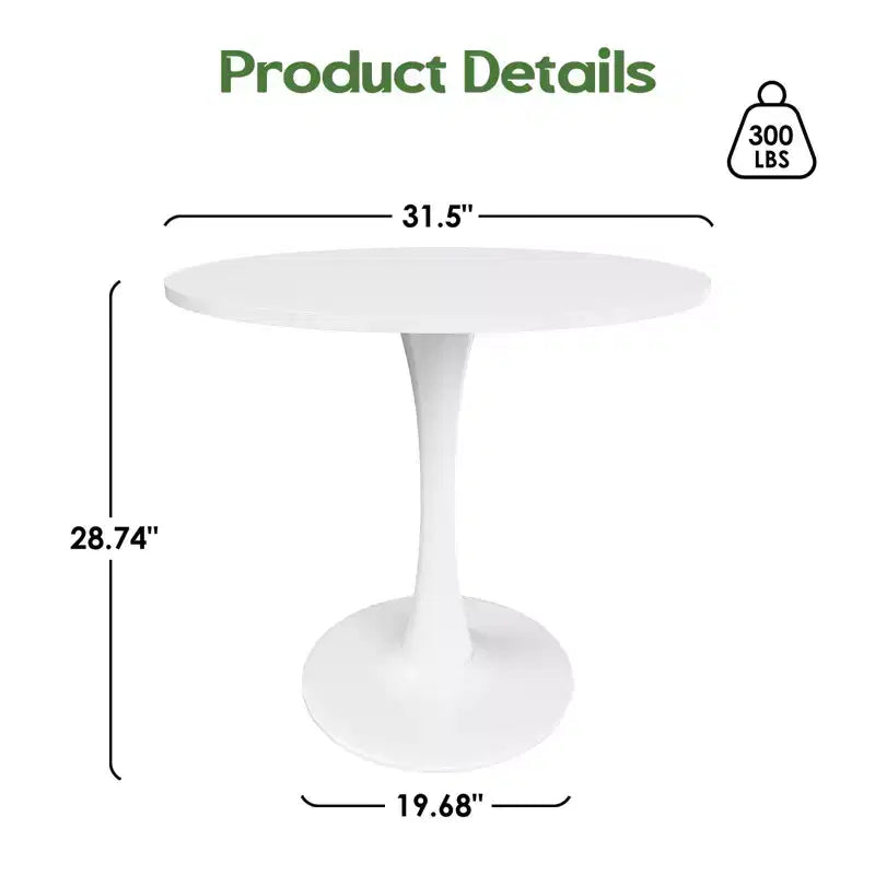 PexFix Mesa de Comedor Redonda Moderna Tulip de 31.5 para 2-4 Personas con Tablero de Madera Blanco y Base de Pedestal Metálico para Cocina Sala de Estar