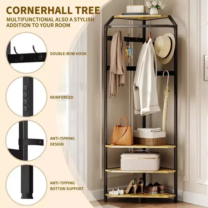 Perchero de esquina con banco zapatero, perchero de entrada con 12 ganchos dobles, organizador de almacenamiento independiente para el hogar, oficina, dormitorio, cuarto de barro