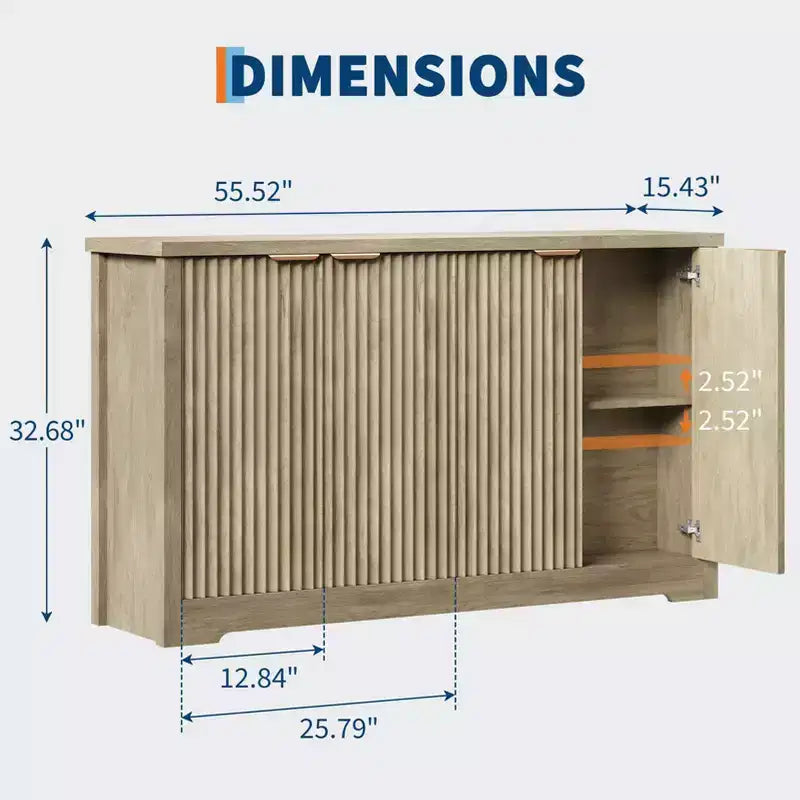 Aparador buffet estriado con almacenamiento, 2/4 puertas y estante ajustable, mesa consola moderna de madera para café