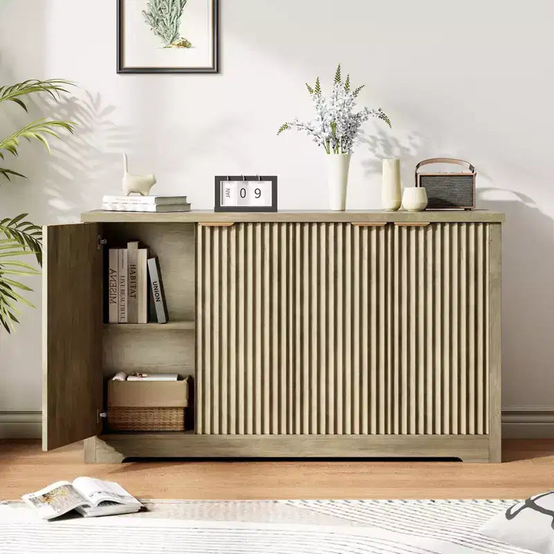 Aparador buffet estriado con almacenamiento, 2/4 puertas y estante ajustable, mesa consola moderna de madera para café