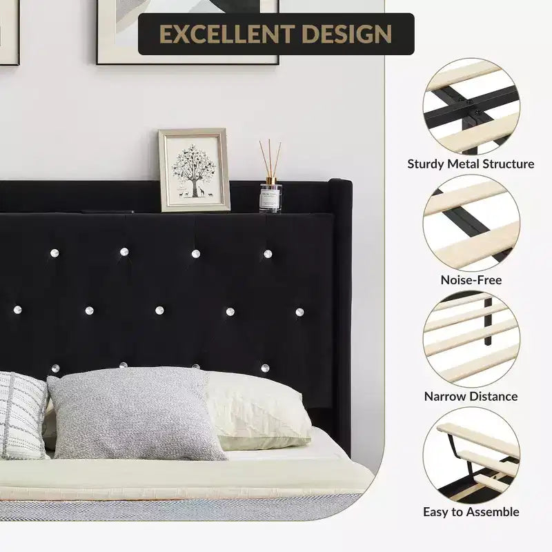 Base de cama flotante, Base de cama moderna tipo plataforma, Soporte de listones de madera, Cabecero tapizado, No necesita somier, Negro