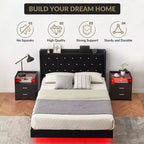 Base de cama flotante, Base de cama moderna tipo plataforma, Soporte de listones de madera, Cabecero tapizado, No necesita somier, Negro