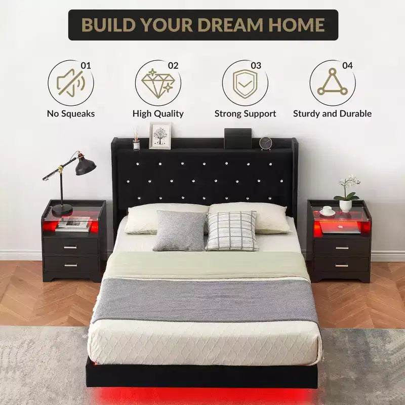 Base de cama flotante, Base de cama moderna tipo plataforma, Soporte de listones de madera, Cabecero tapizado, No necesita somier, Negro